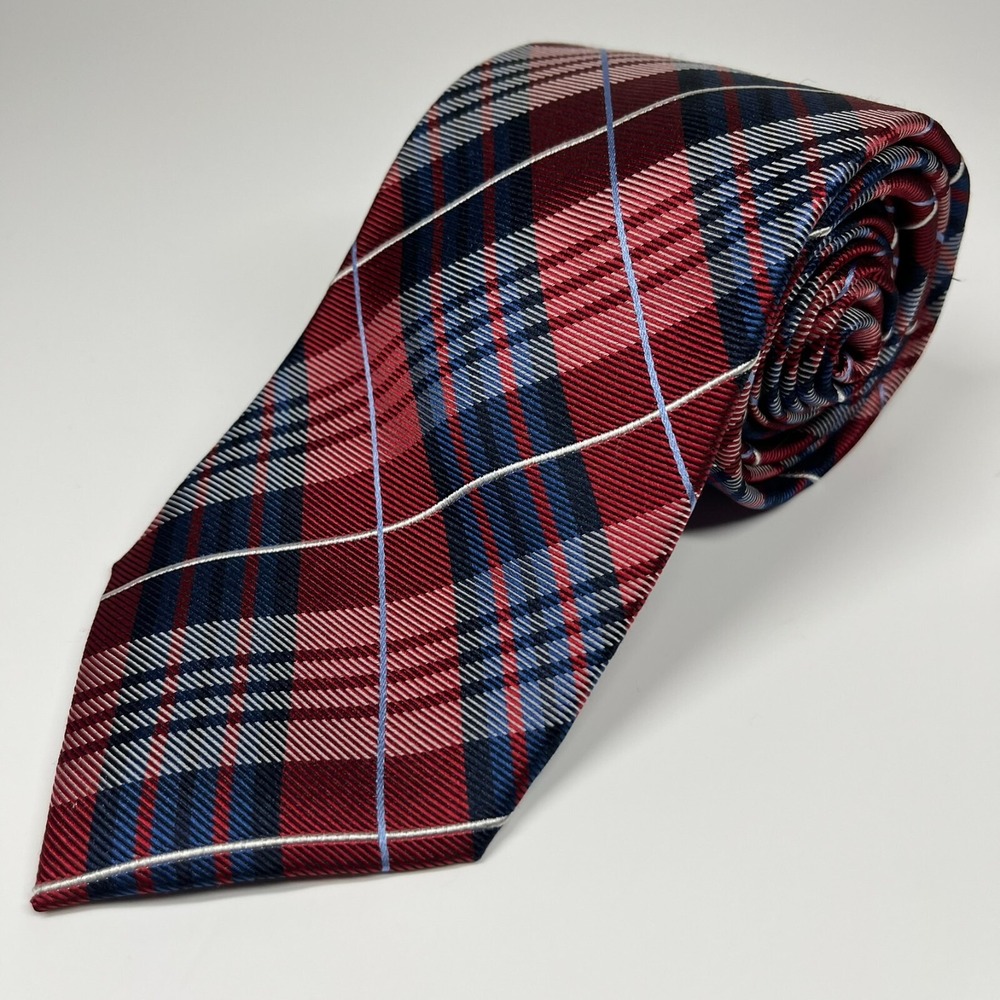 US Polo Assn Silk Men's Necktie‎ Classic Plaid Red White Blue Preppy Academia